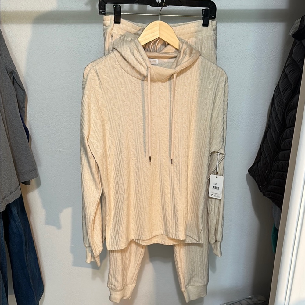 PJ Salvage Cream Cable Knit Hoodie and Pants Set. Small. Like New w/ tags